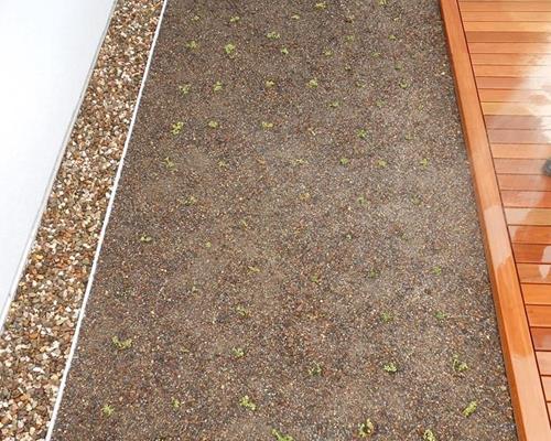 petite toiture verte avec terrasse en Ipe et bande de gravier